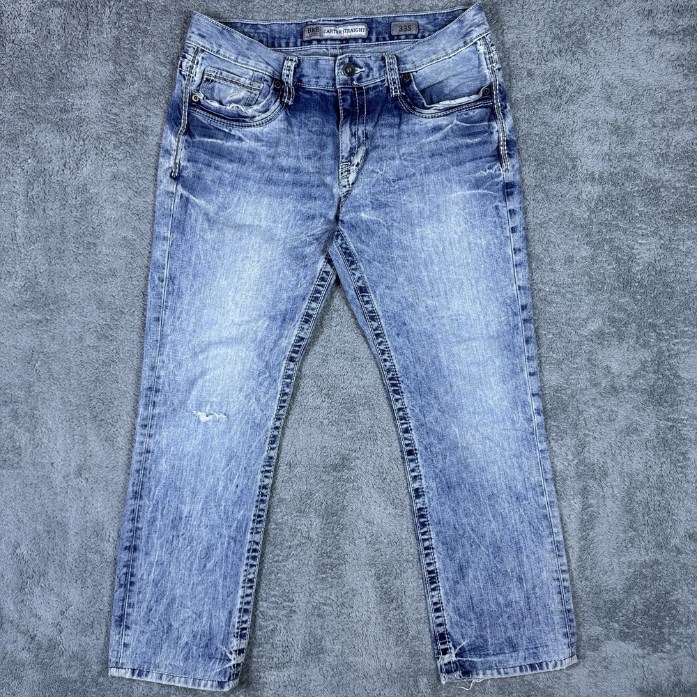 BKE Carter Jeans Men's 33S Acid Wash Relaxed Loose Baggy Whisker Western Cowboy‎